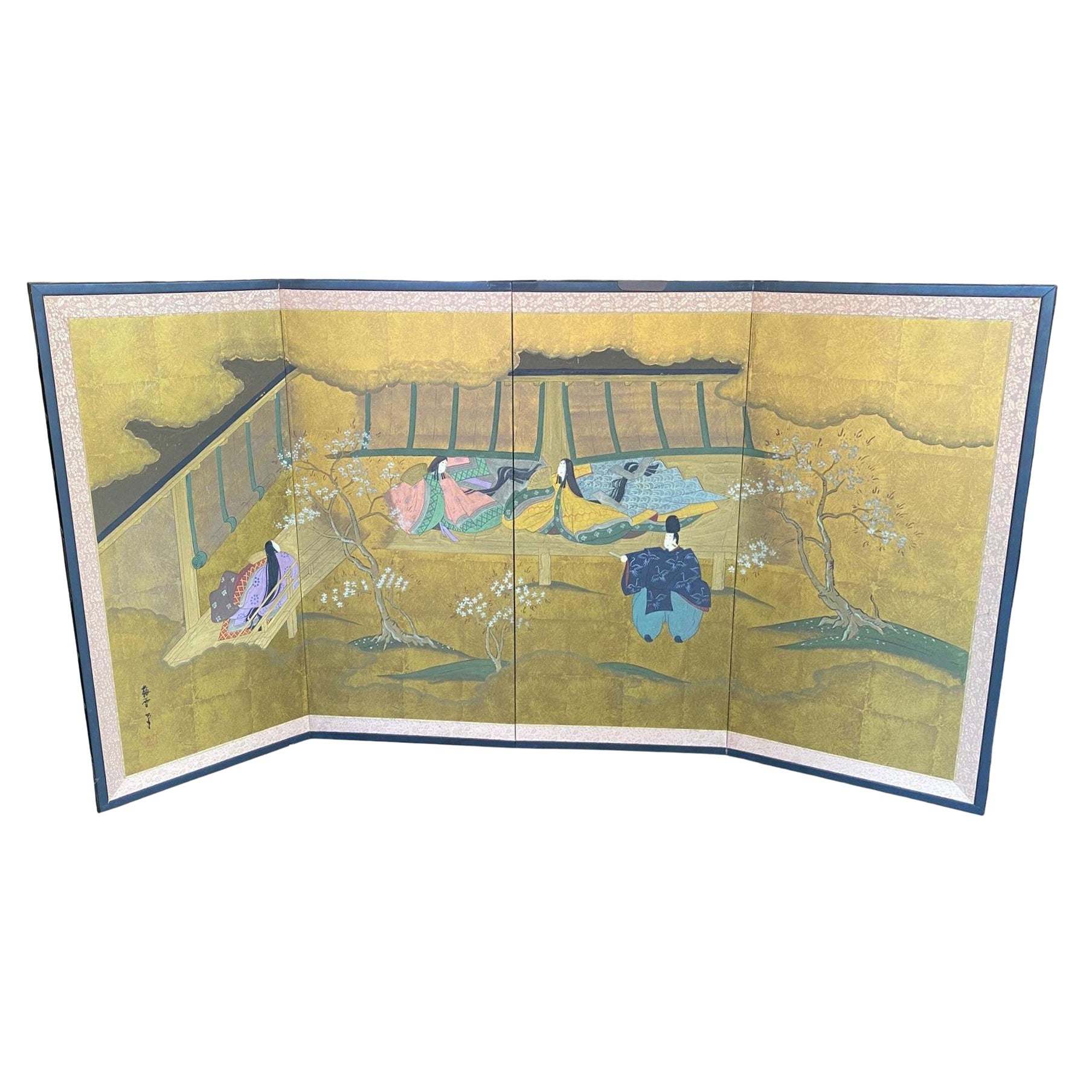 Japanese Asian Signed Four-Panel Folding Byobu Showa Screen Tales of the Genji