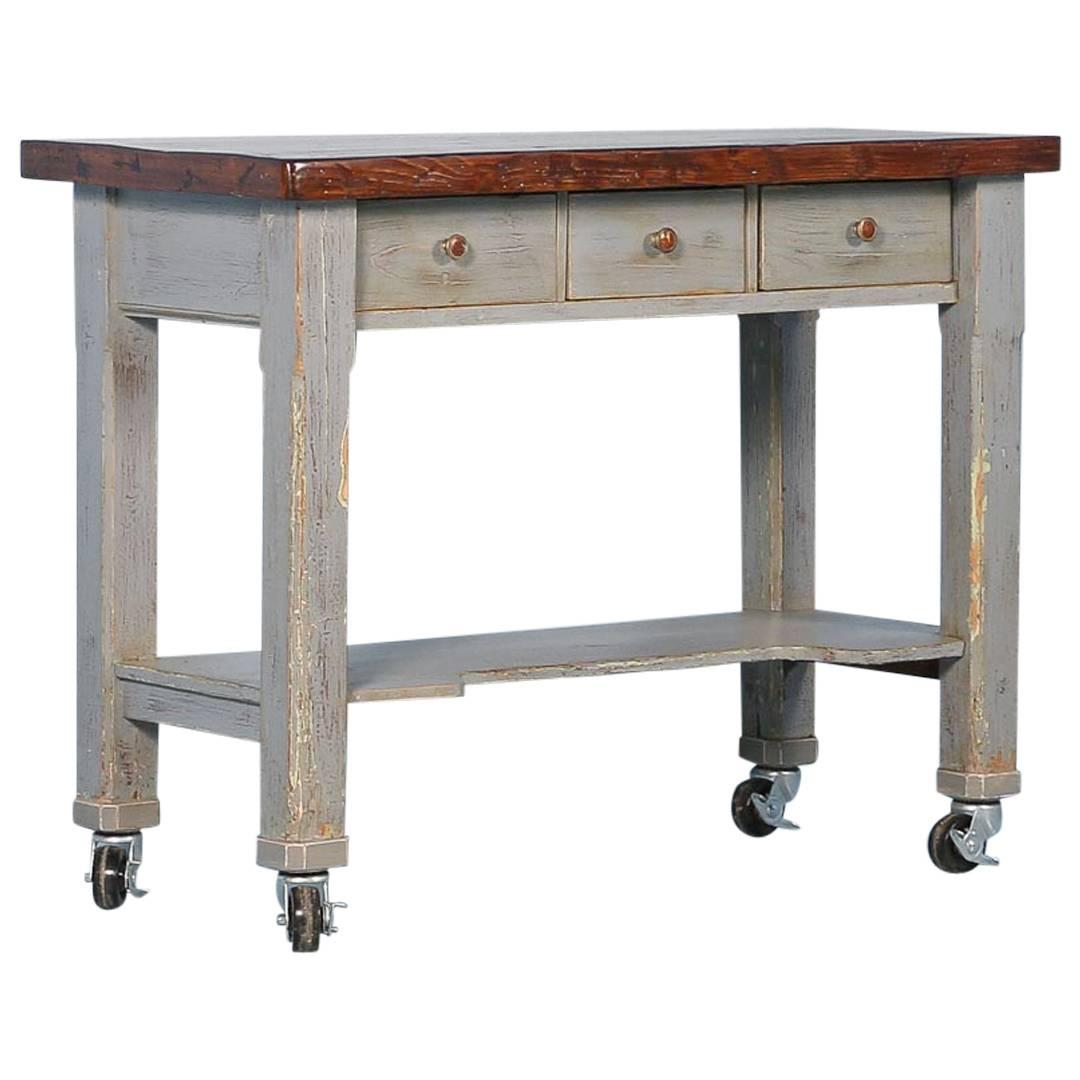 Antique Original Grey Painted Kitchen Island on Casters, Sweden, circa 1880