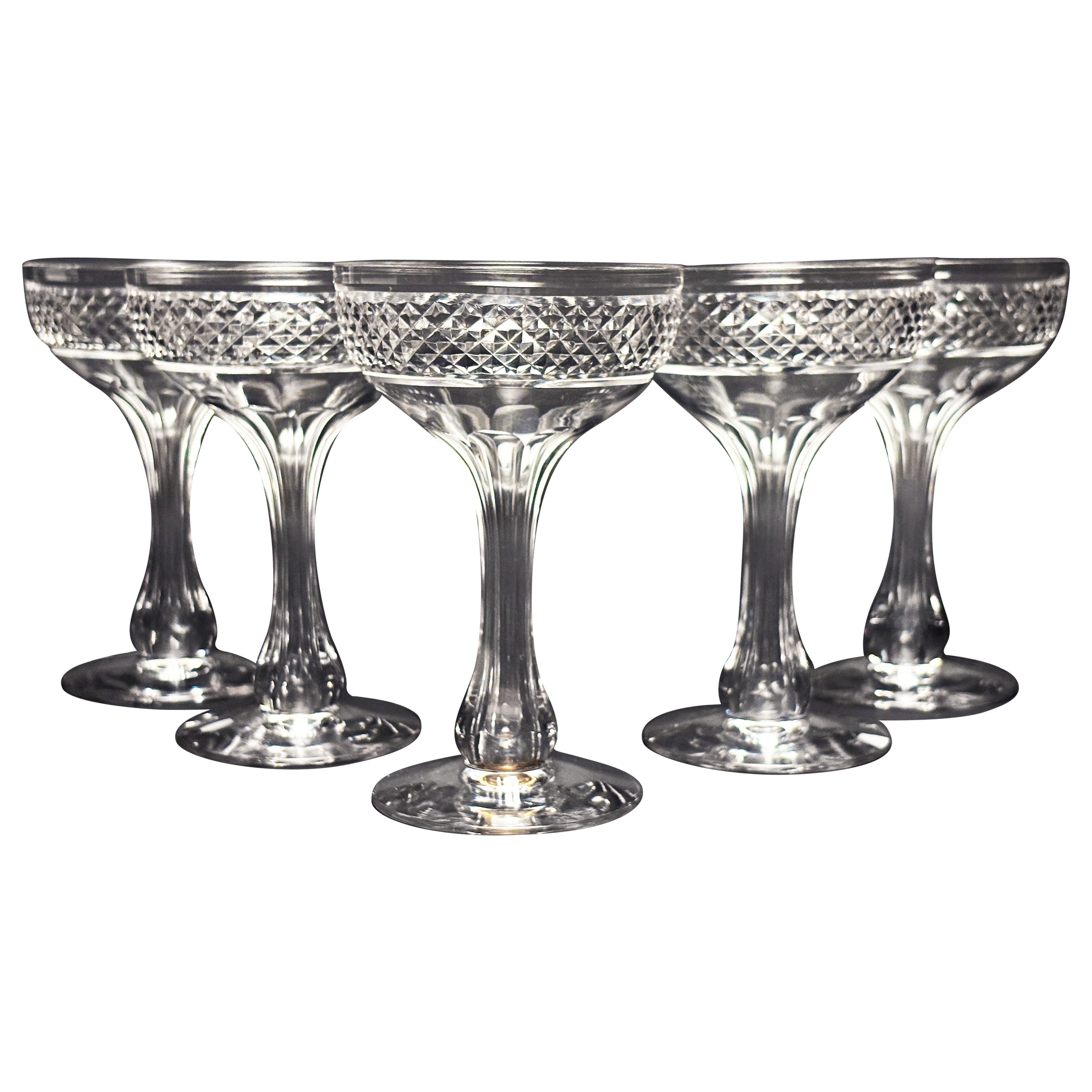 Late 19th C. Set of 5 Crystal Hollow Stem Champagne Coupes