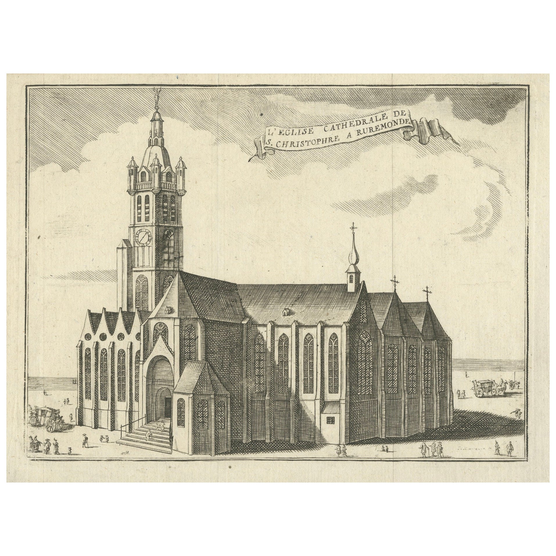 1720 Grabado de la catedral de San Cristóbal de Roermond por Jacobus Harrewijn en venta