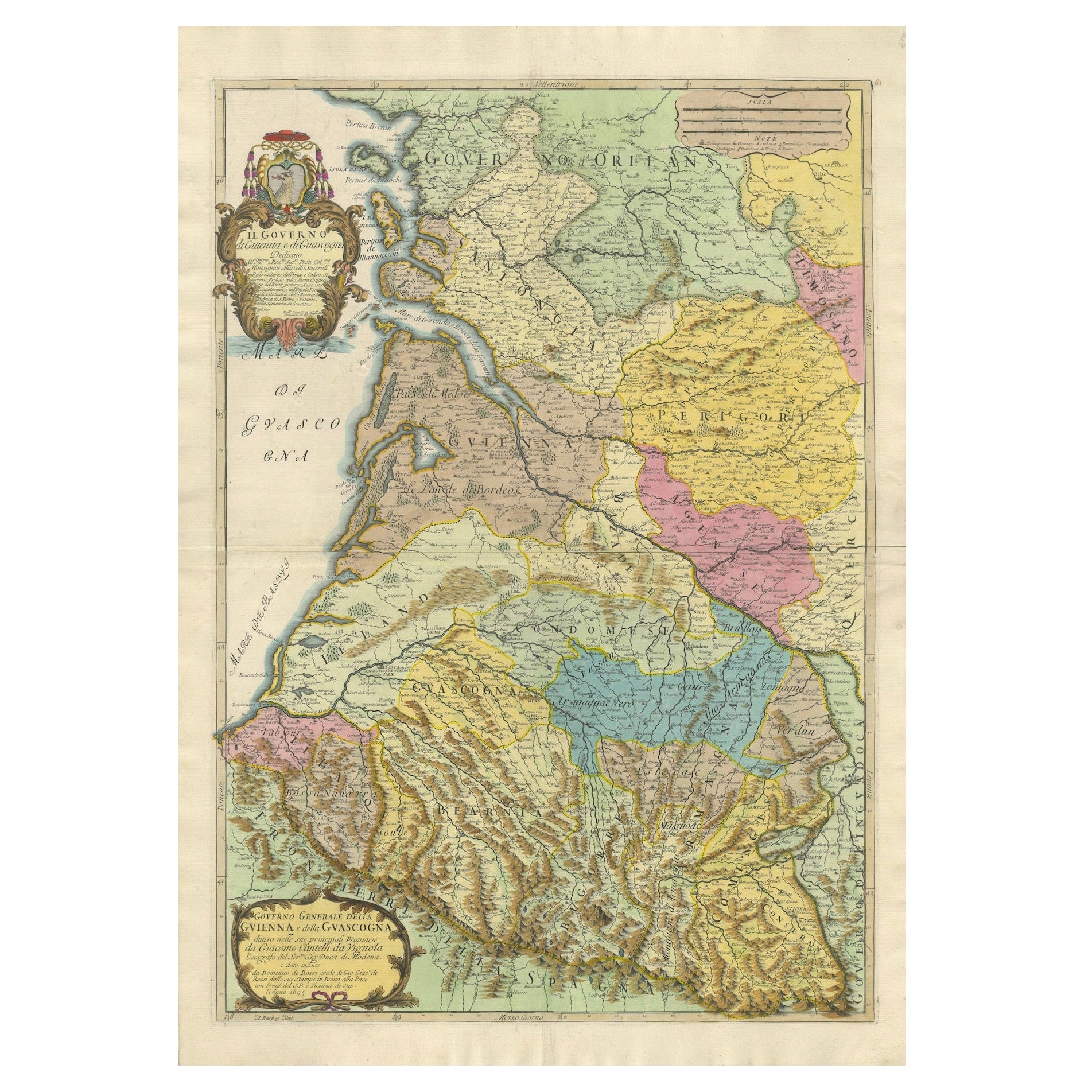 Large 1695 Hand-Colored Engraved Map of Gascony (Gascogna), France For Sale