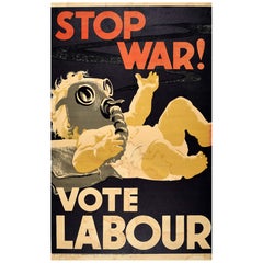 Seltenes Original Vintage Generalwahlplakat Stop War Vote Labour WWII Politik, WWII