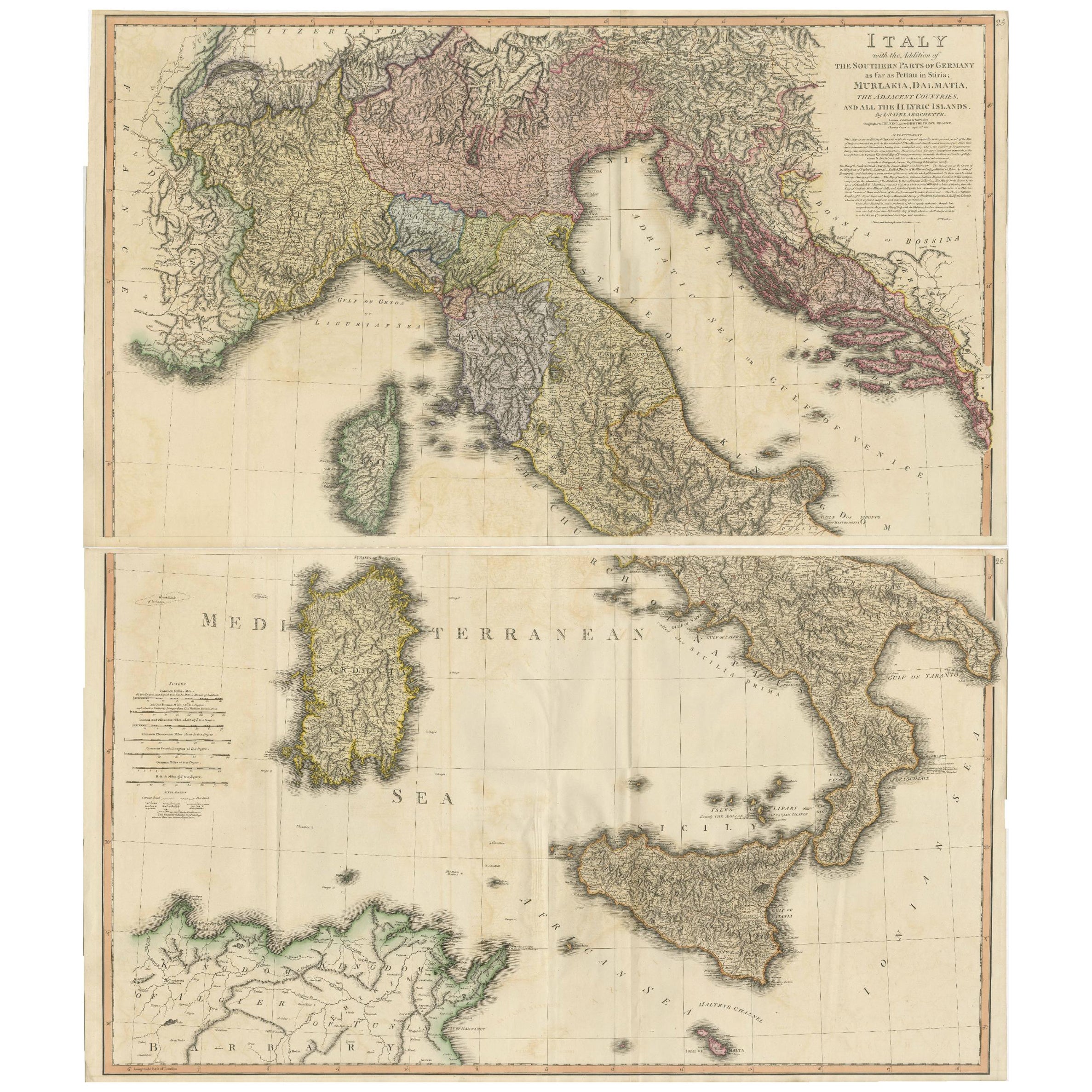 Sehr große, doppelseitige, detaillierte Karte von Italien und seiner Umgebung, 1794 im Angebot