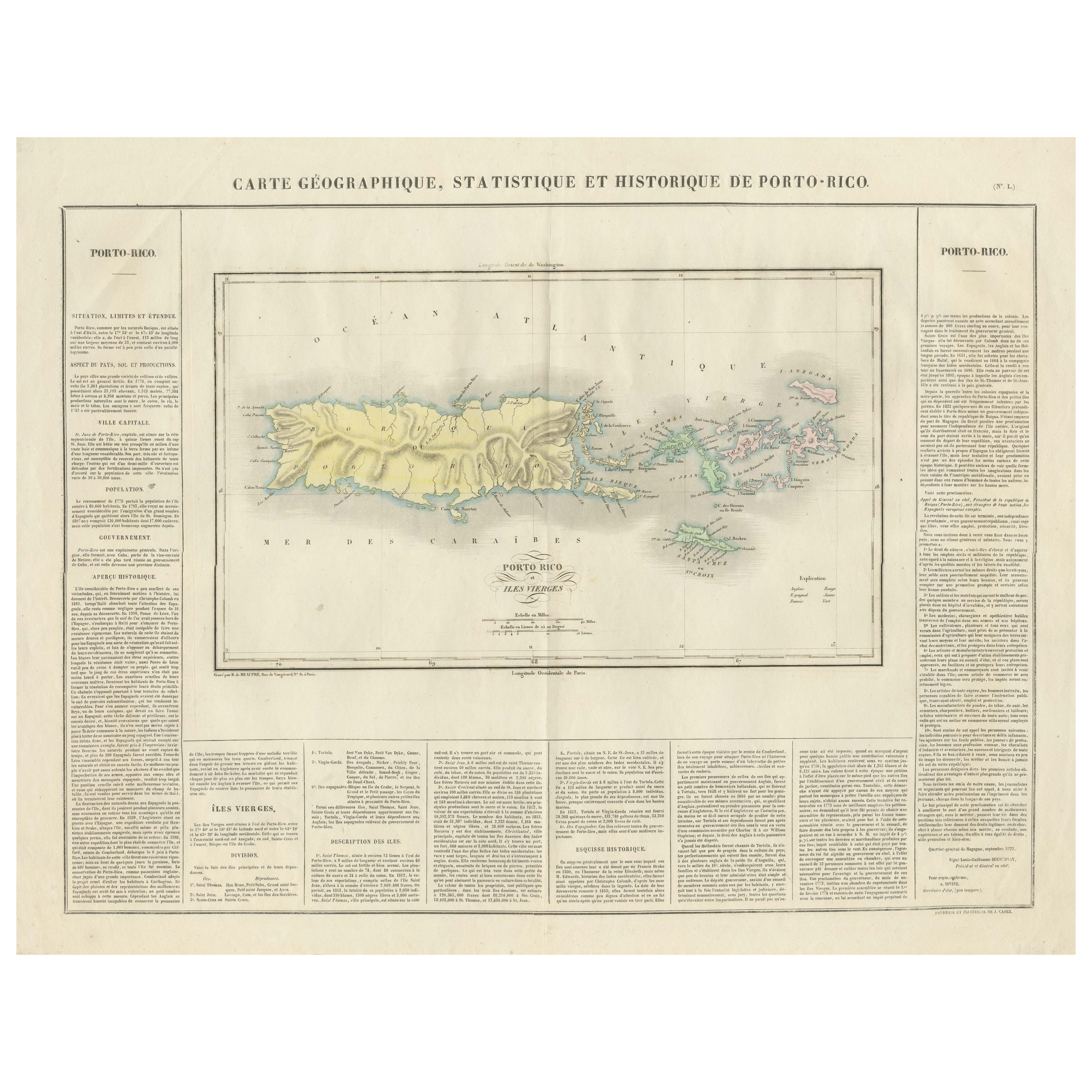 Mapa Buchon de 1825 de Puerto Rico y las Islas Vírgenes con historia colonial detallada