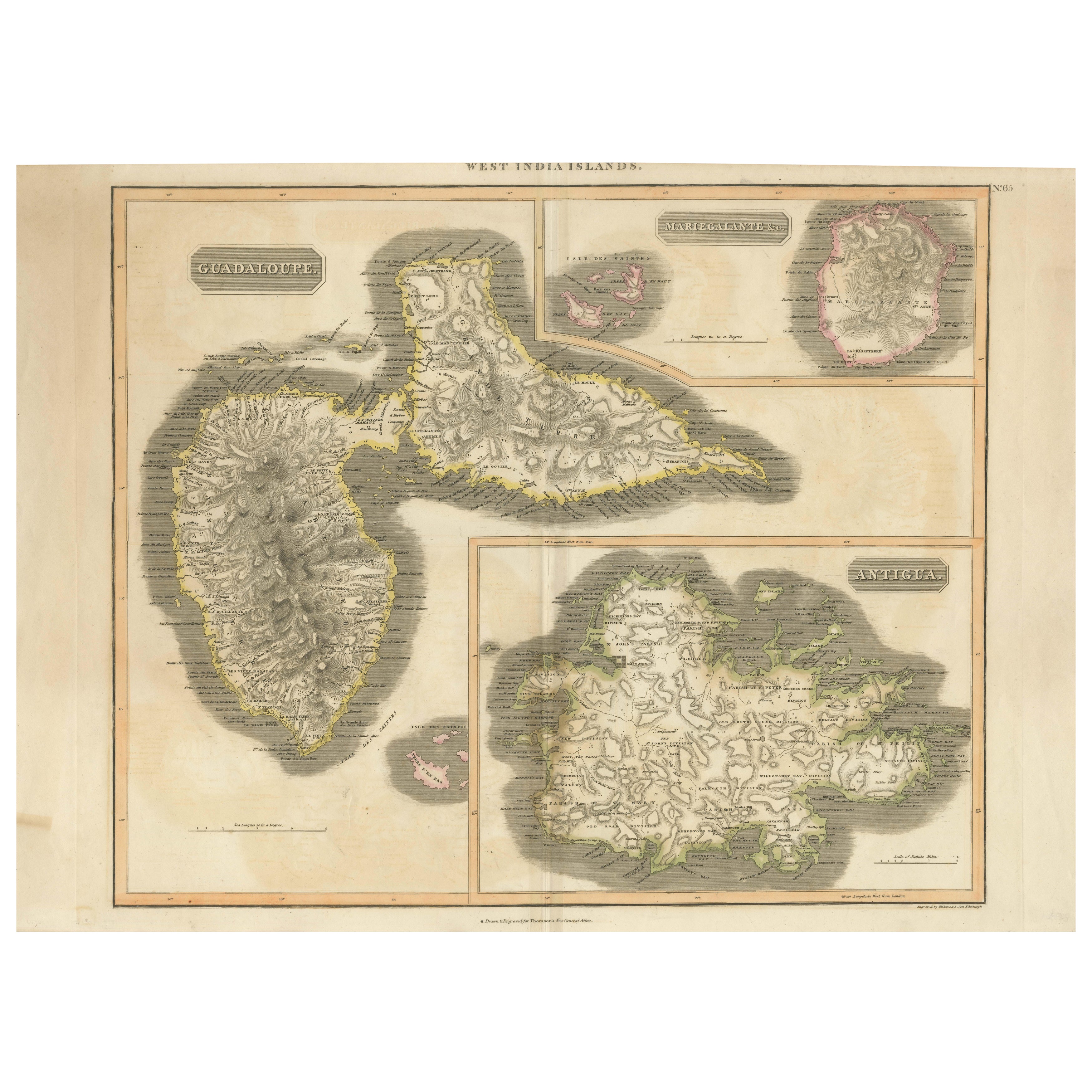 1821 Thomson Map of Guadeloupe, Marie-Galante and Antigua in the West Indies For Sale