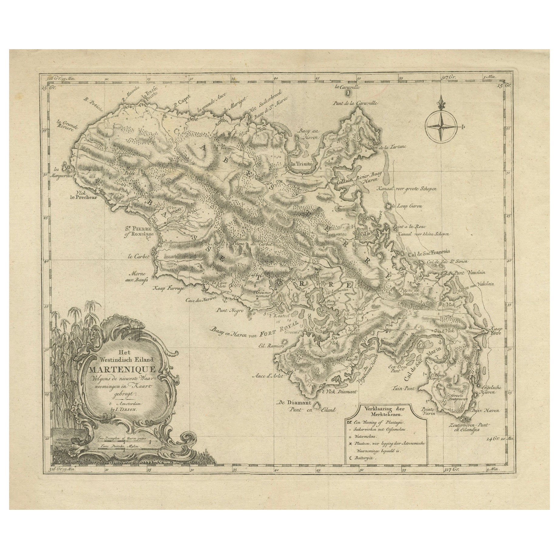 18th Century Original Dutch Map of Martinique in The West Indies by Isaak Tirion