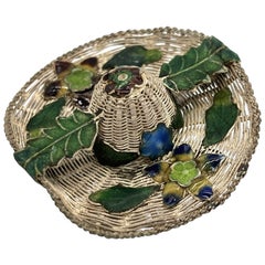 Post-war Export Silver Filigree Woven Enamel Beach Hat Brooch w/ Enamel Foliage