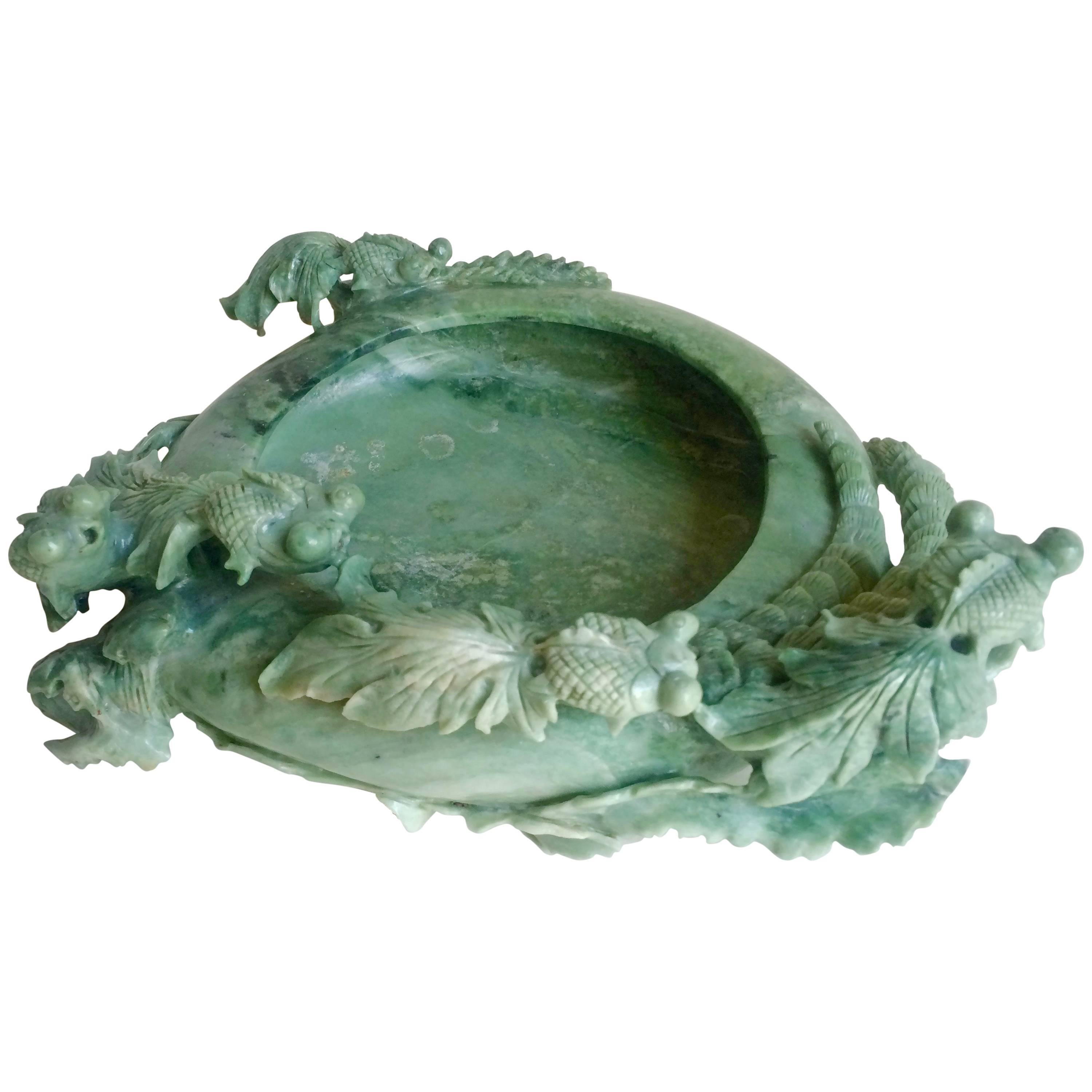 Hand-Carved Jade Bowl with Koi Fish Detail
