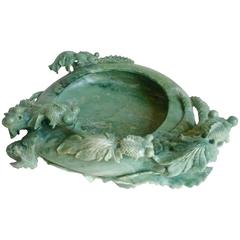 Vintage Hand-Carved Jade Bowl with Koi Fish Detail