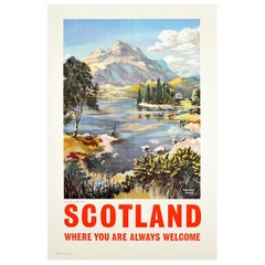 Poster di viaggio originale d'epoca Scozia Loch Achray Ben Wood UK