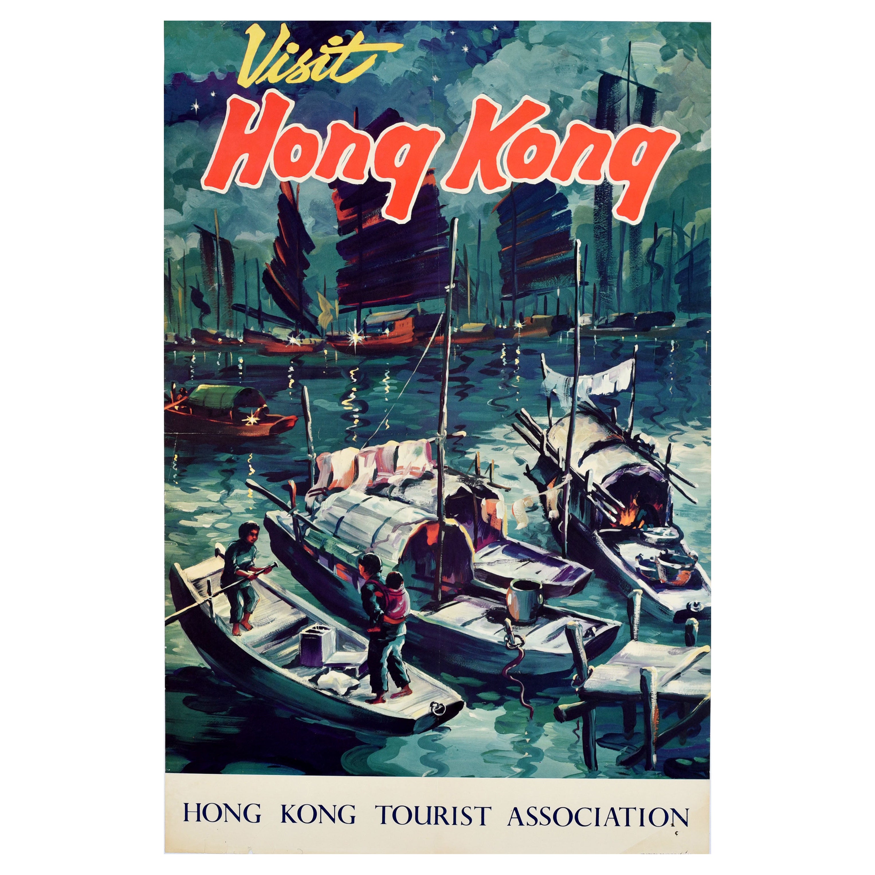 Original Vintage Asia Travel Poster Visit Hong Kong Junk Boats Night Harbour