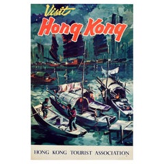 Original Vintage Asia Travel Poster Visit Hong Kong Junk Boats Night Harbour