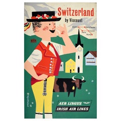 Original Vintage Travel Poster Switzerland By Viscount Aer Lingus Irish Airlines