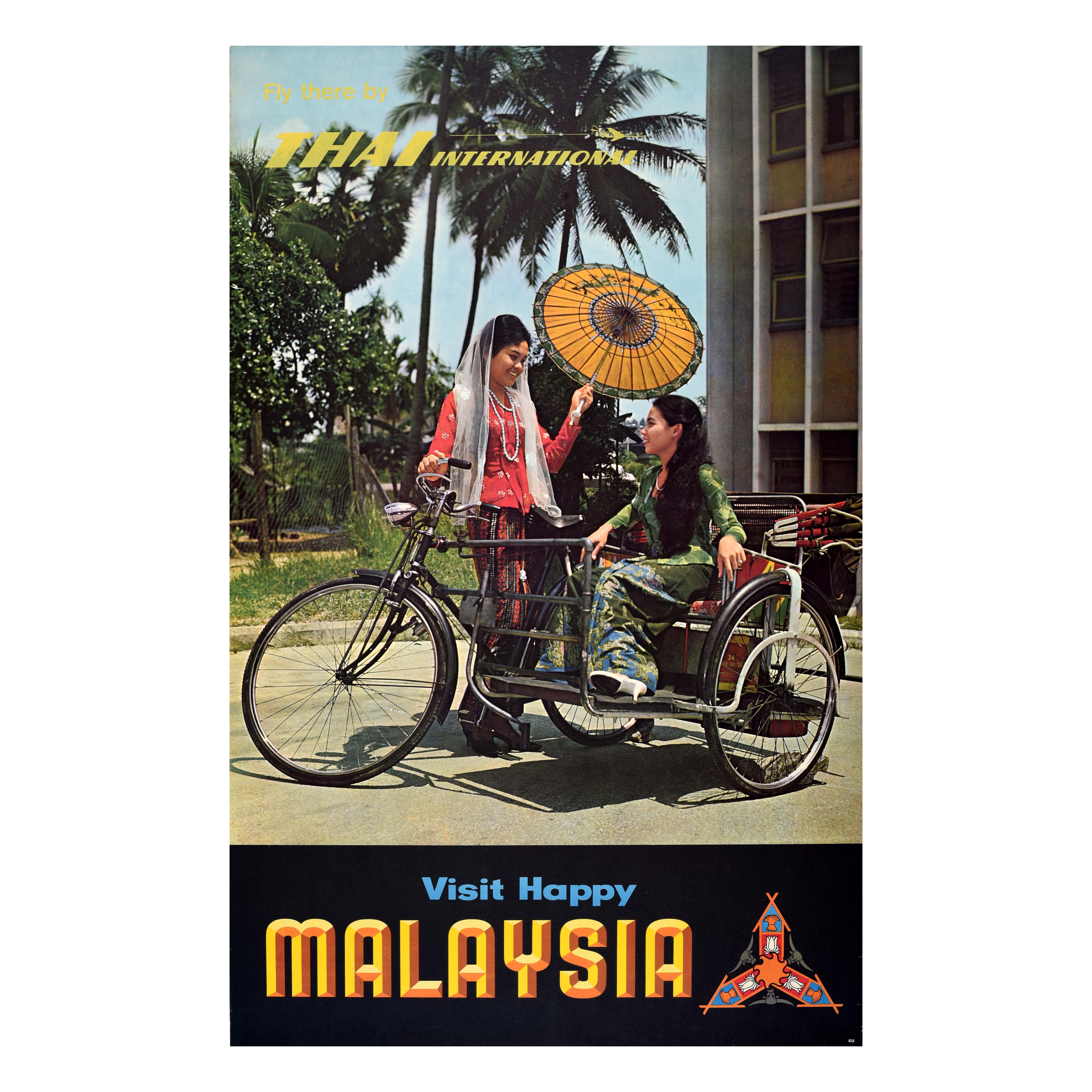 Original Vintage Asiatisches Reiseplakat Happy Malaysia Thai International Airlines, Happy Malaysia