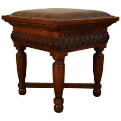 Italian Early 19th Century Carved Walnut and Leather Baroque Style Footstool