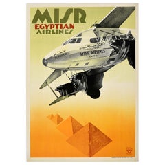 Original Vintage Cartel de Viaje Egipto Misr Egyptian Airlines Ihap Hulusi Gorey