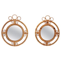 Pair of Italian Mid-Century Modern Rattan Round Mirrors