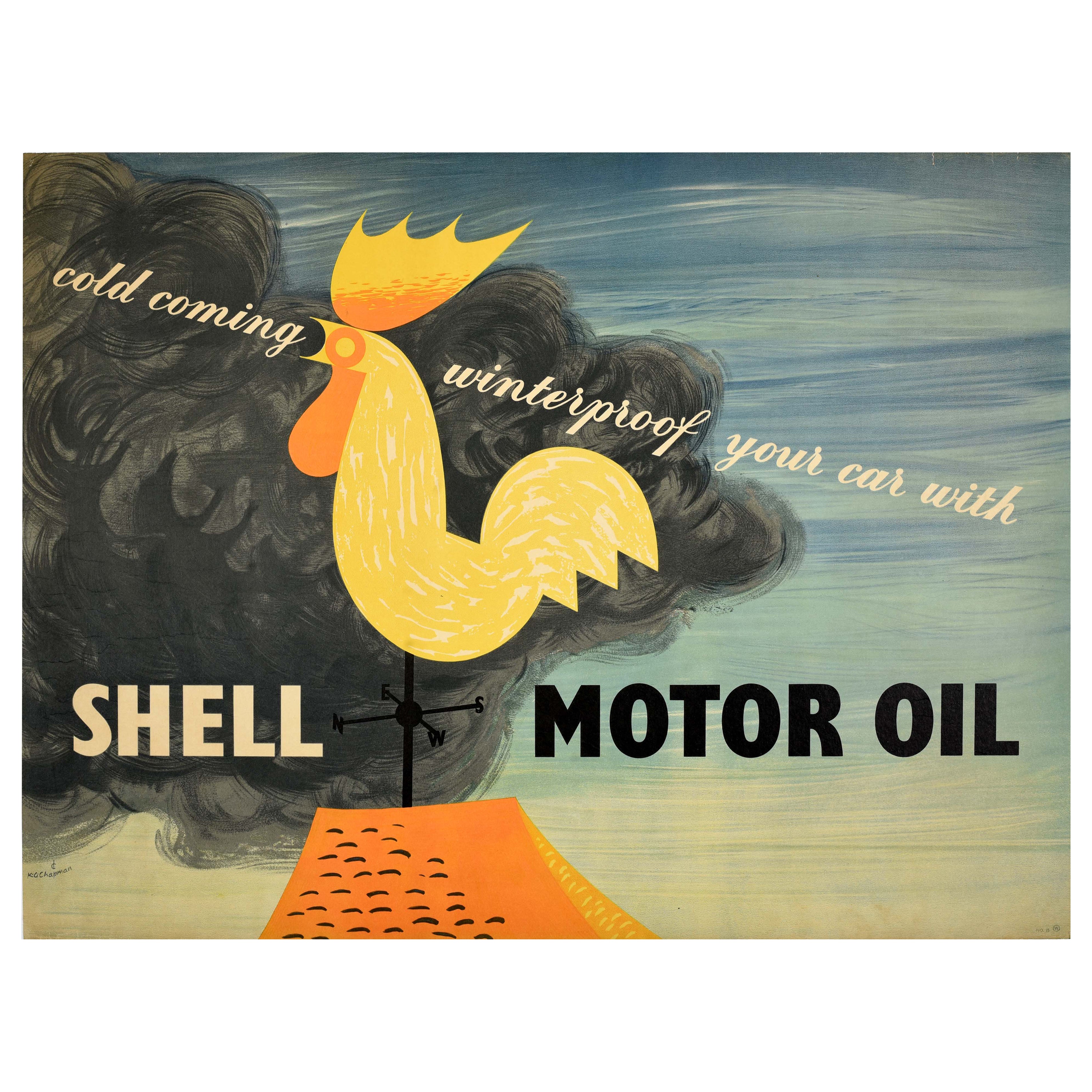 Poster pubblicitario originale d'epoca Shell Motor Oil Winterproof Cockerel Vane
