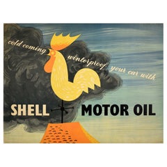 Poster pubblicitario originale d'epoca Shell Motor Oil Winterproof Cockerel Vane
