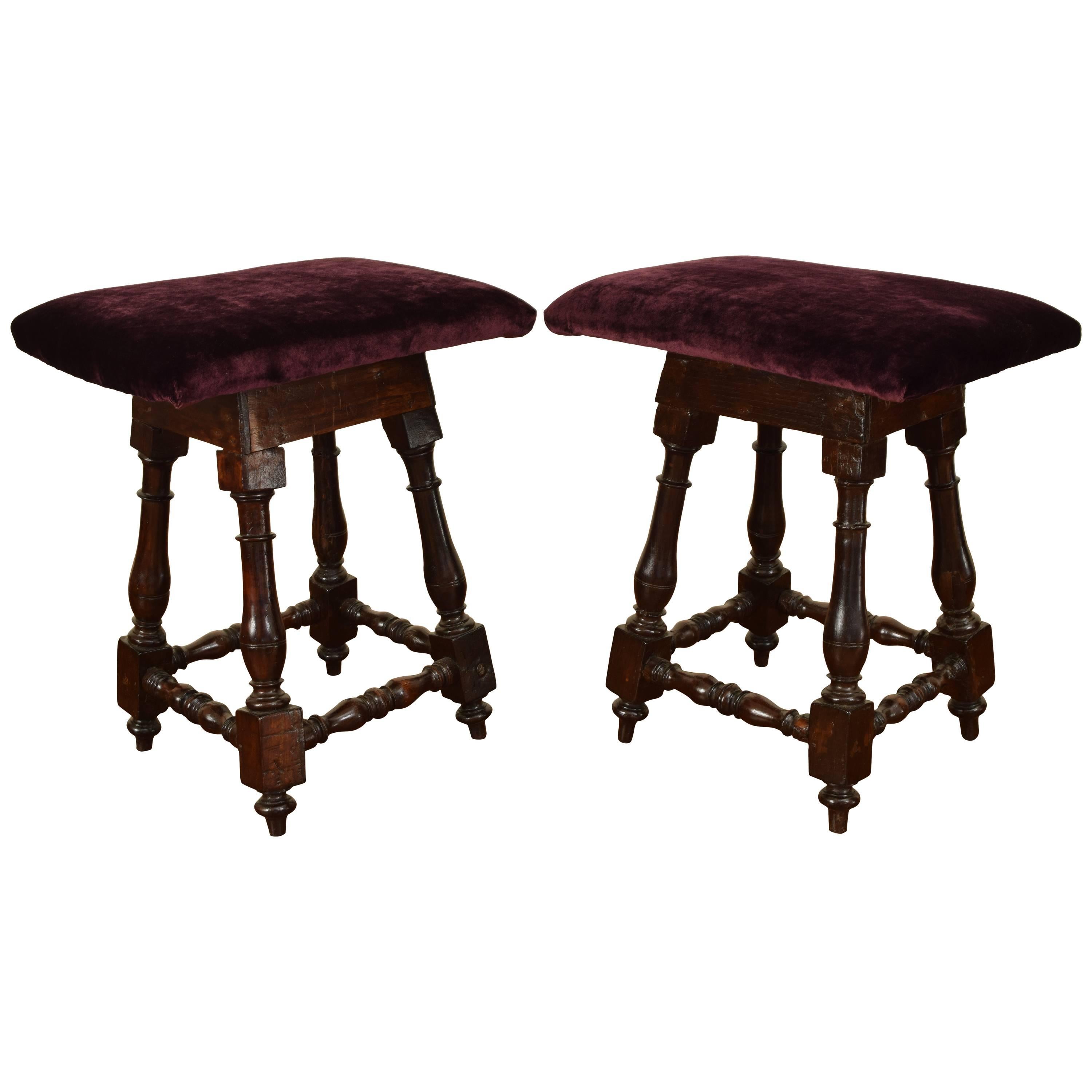 Pair of Italian Early 18th Century Dark Walnut and Upholstered Footstools
