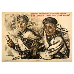 Poster di propaganda di guerra originale d'epoca Marinaio sovietico combattente nemico fascista WWII