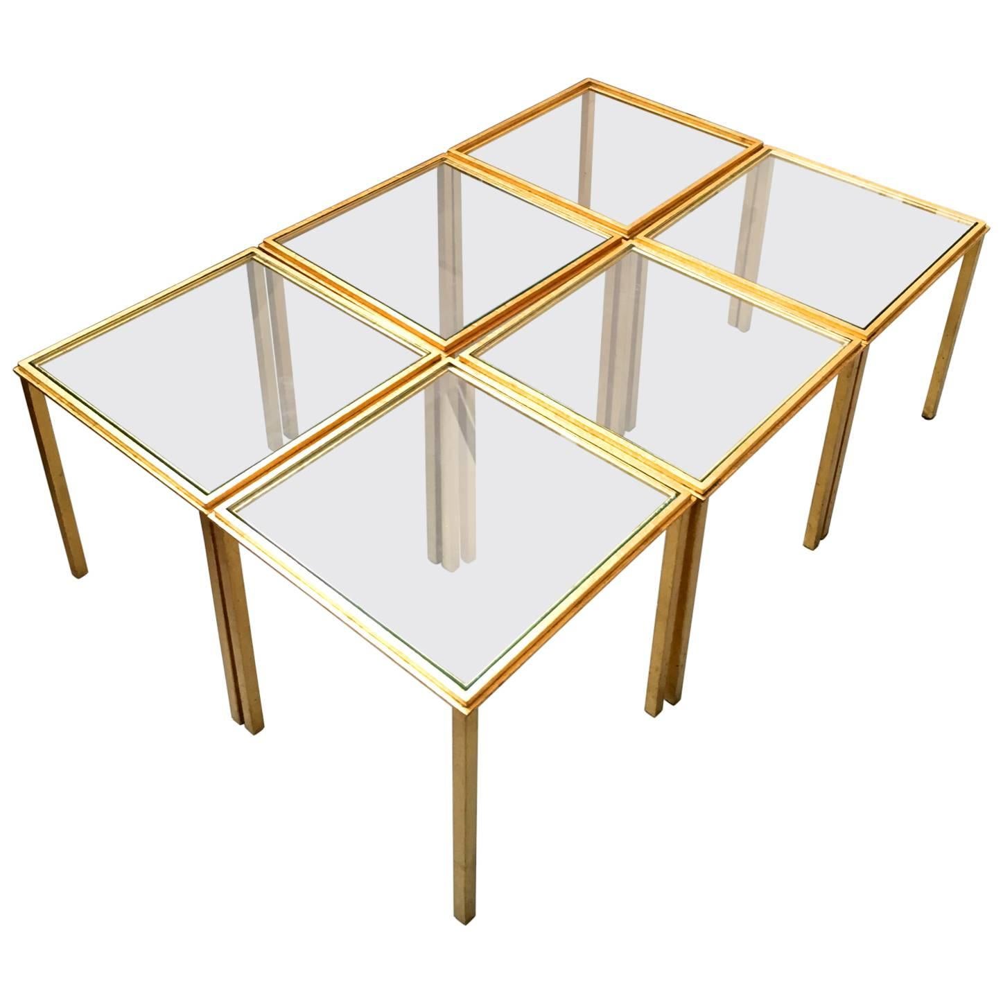 Roger Thibier Spectacular Gold Leaf Wrought Iron Big Coffee Table Made of 6 Unit For Sale