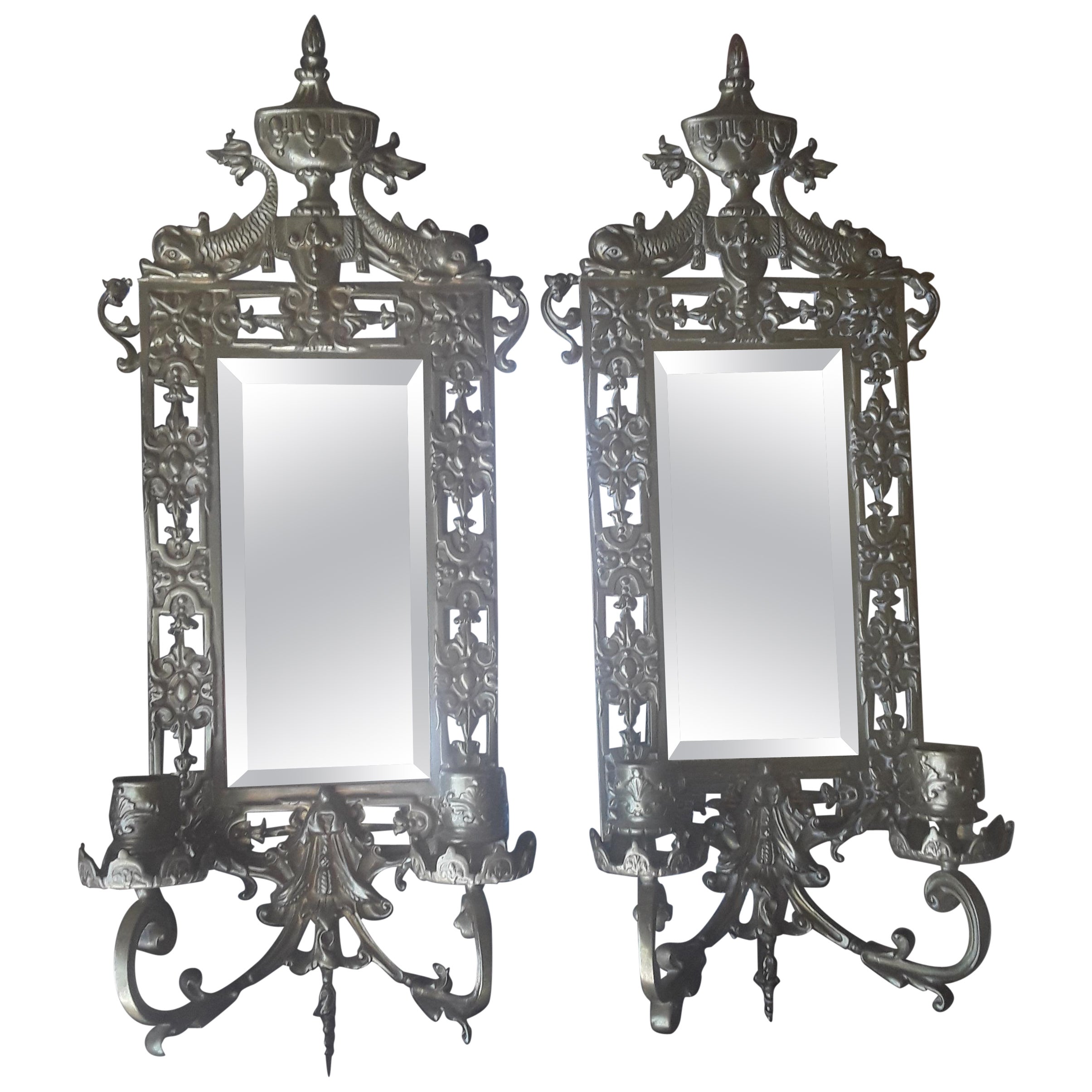 c1900 French Antique French Pair Neoclassic Cast Brass Candle Holder Wall Sconces - Koi in vendita