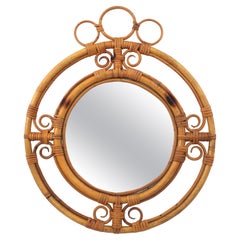 Italian Mid-Century Modern Rattan Round Mirror, 1960s