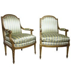 Pair of French 19th Century Louis XVI Style Giltwood Carved Fauteuil a La Reine