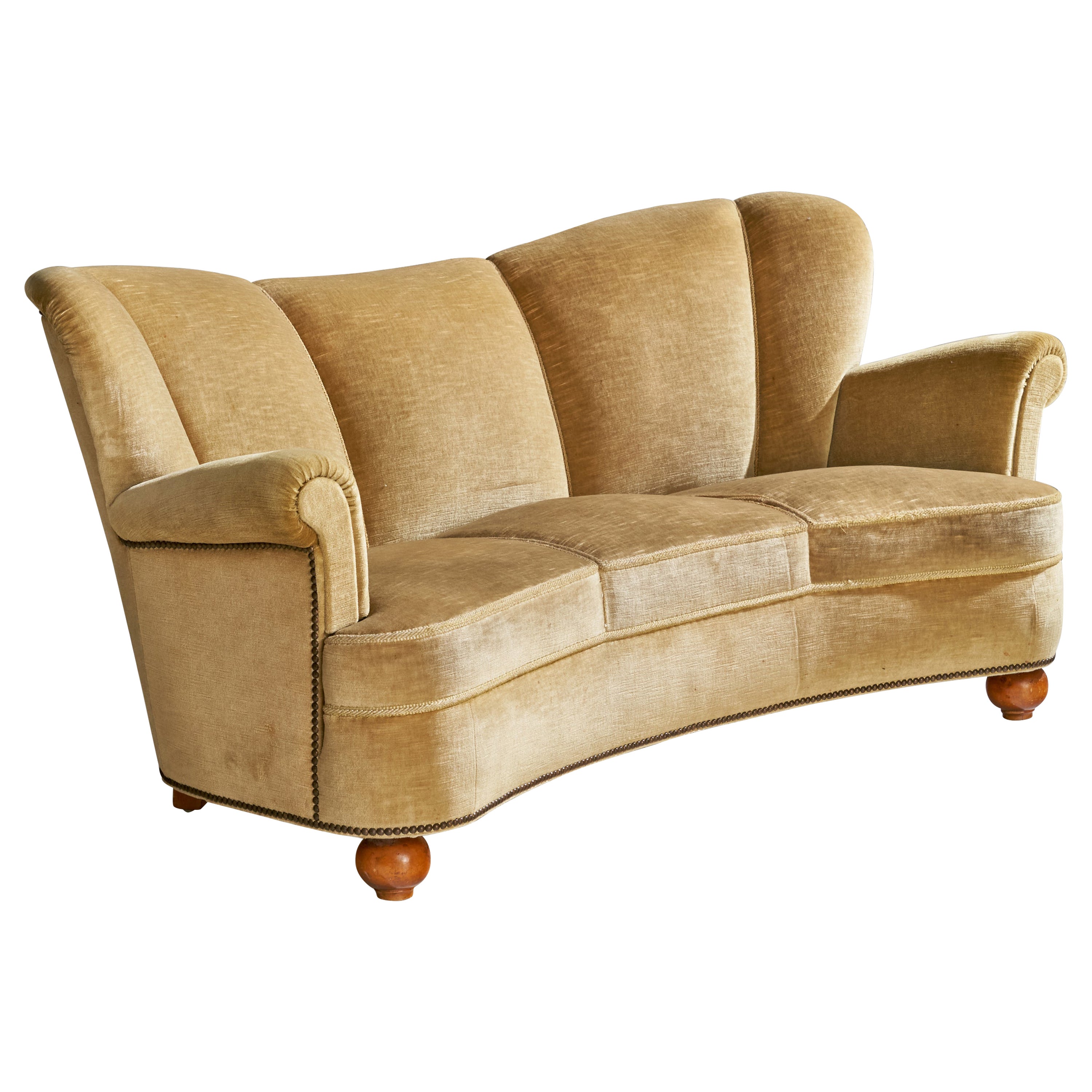 Swedish Designer, Sofa, Velvet, Wood, Sweden, 1930s