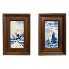 Early 20th Century Blue and White Painted Faience Delft Tiles in Walnut Frames