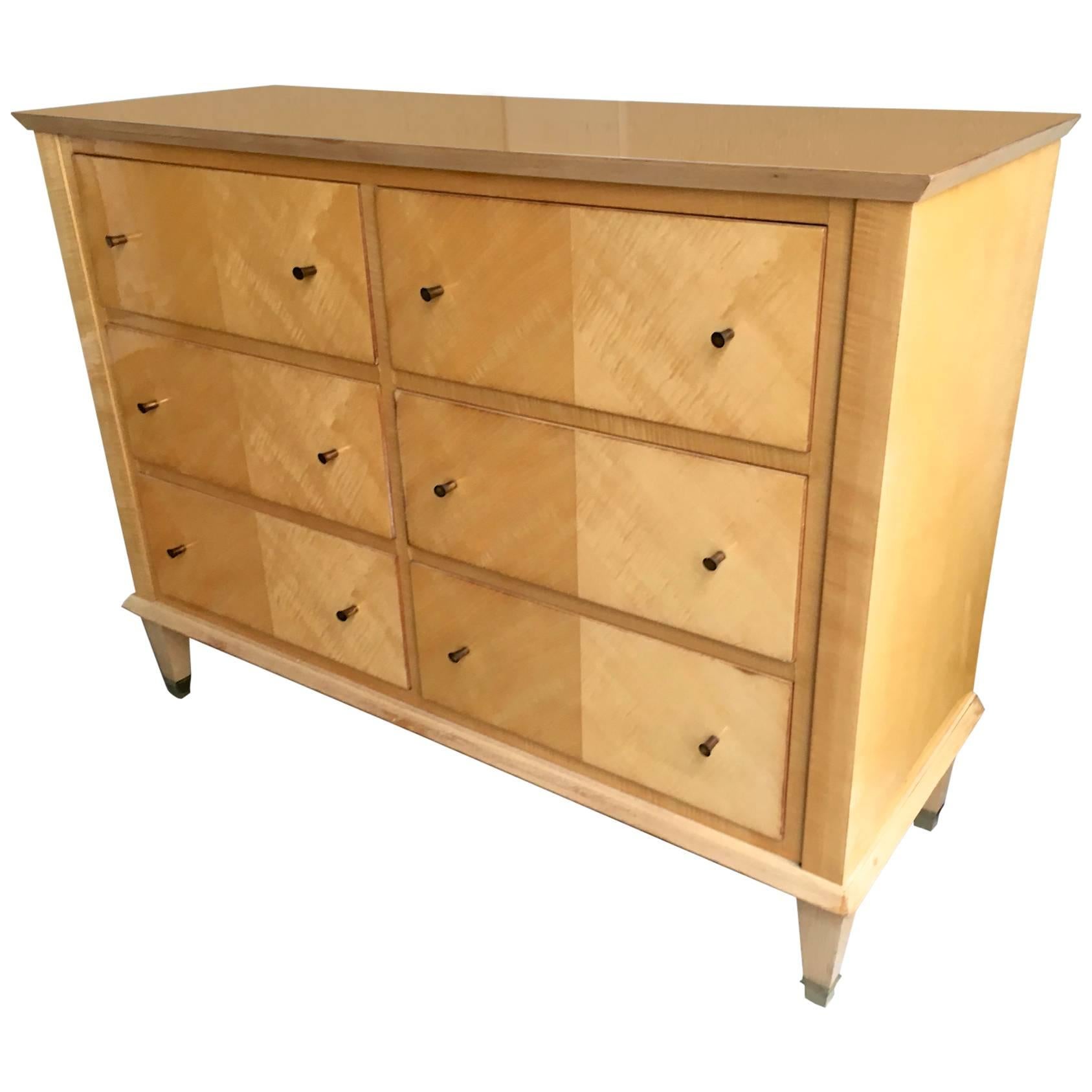 Jacques Adnet Sycamore Chicest Neoclassic Chest of Six-Drawers For Sale