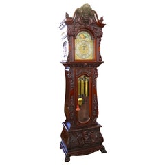 Antique RJ Horner Figural Carved Mahogany 9 Tube Tall Case Grandfather Clock