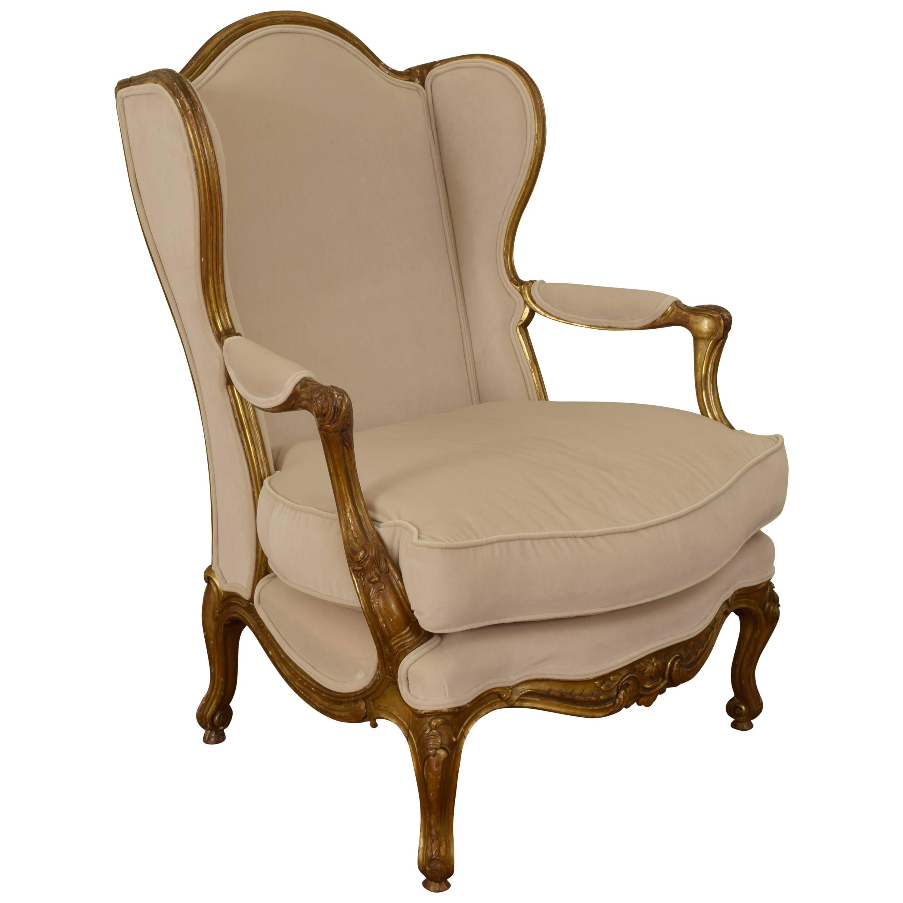 French Mid-19th Century Carved Giltwood and Upholstered Bergere