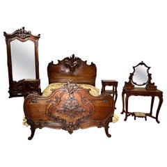 Antique French Napoleon III Carved Mahogany 5 Piece Bedroom Suite, Circa 1880.