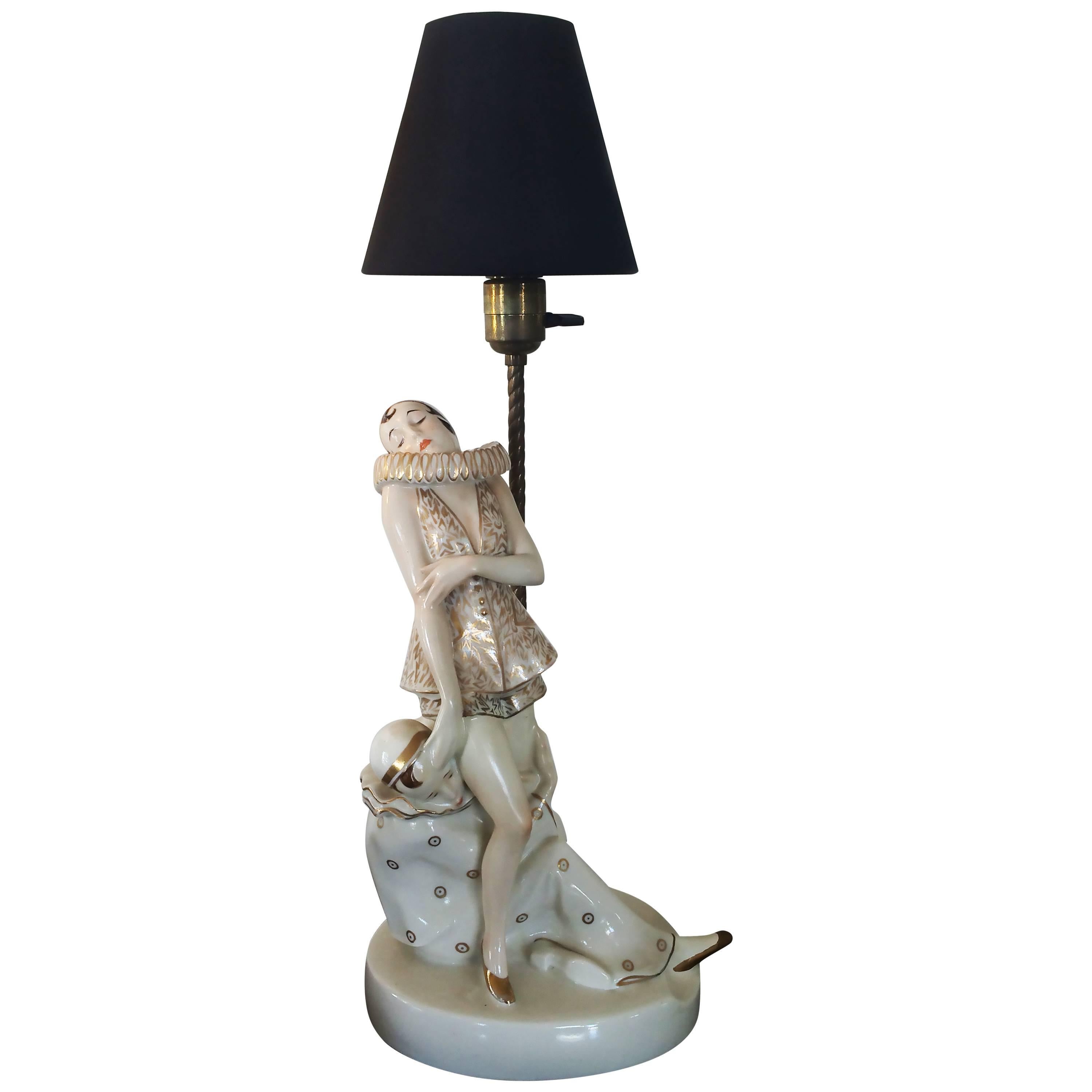 Art Deco Pierrot and Columbine Lamp by Schwarzburger