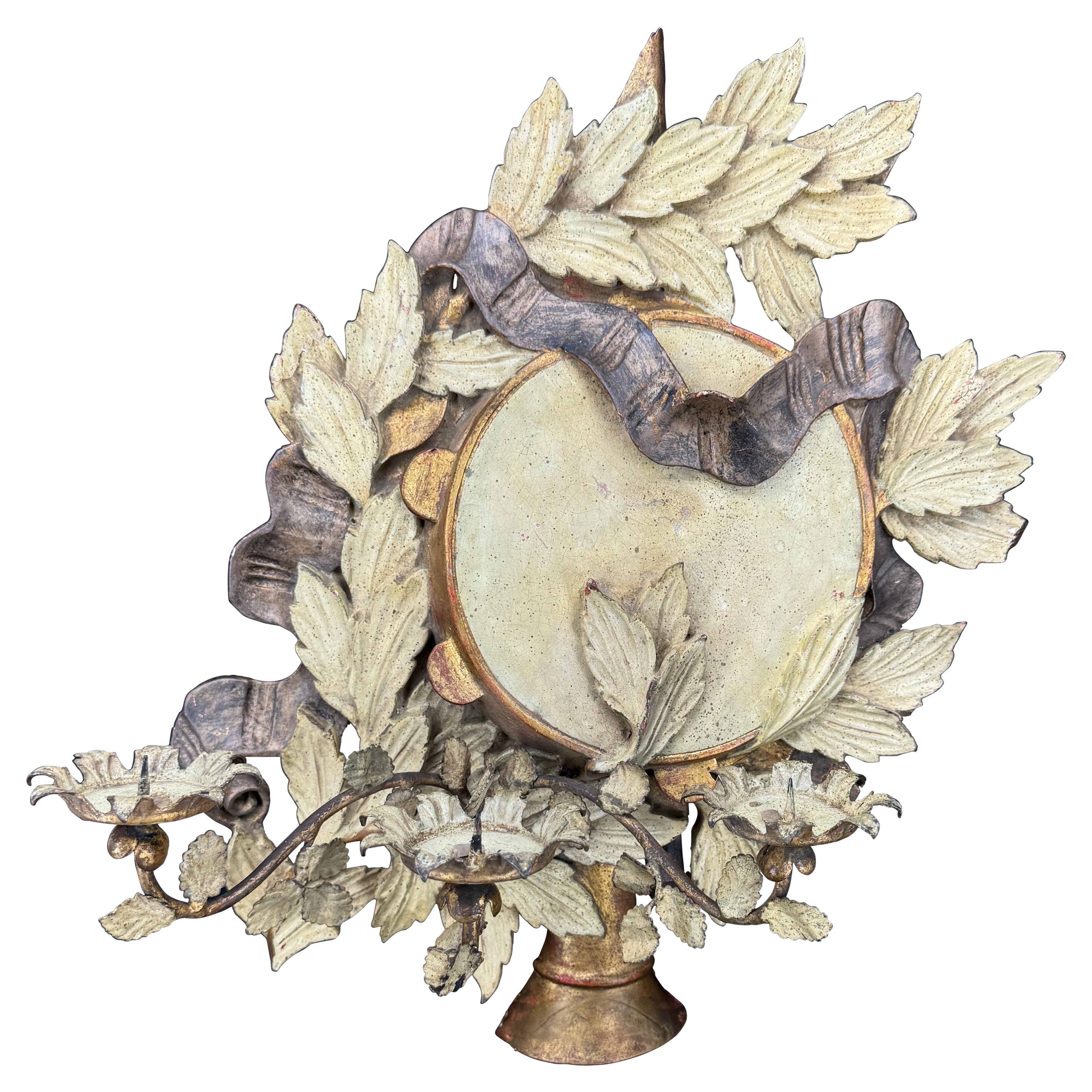 Italian Three Arm Candle Gilt Wood Wall Sconce Painted For Sale