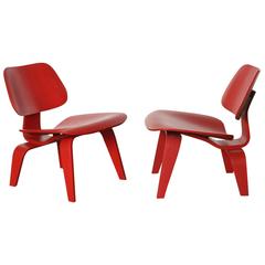 Pair of Red Eames Molded Plywood Lounge Chair, LCW