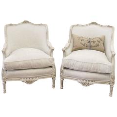 Pair of Antique Large Louis XVI Style Bergere Chairs in Natural Linen