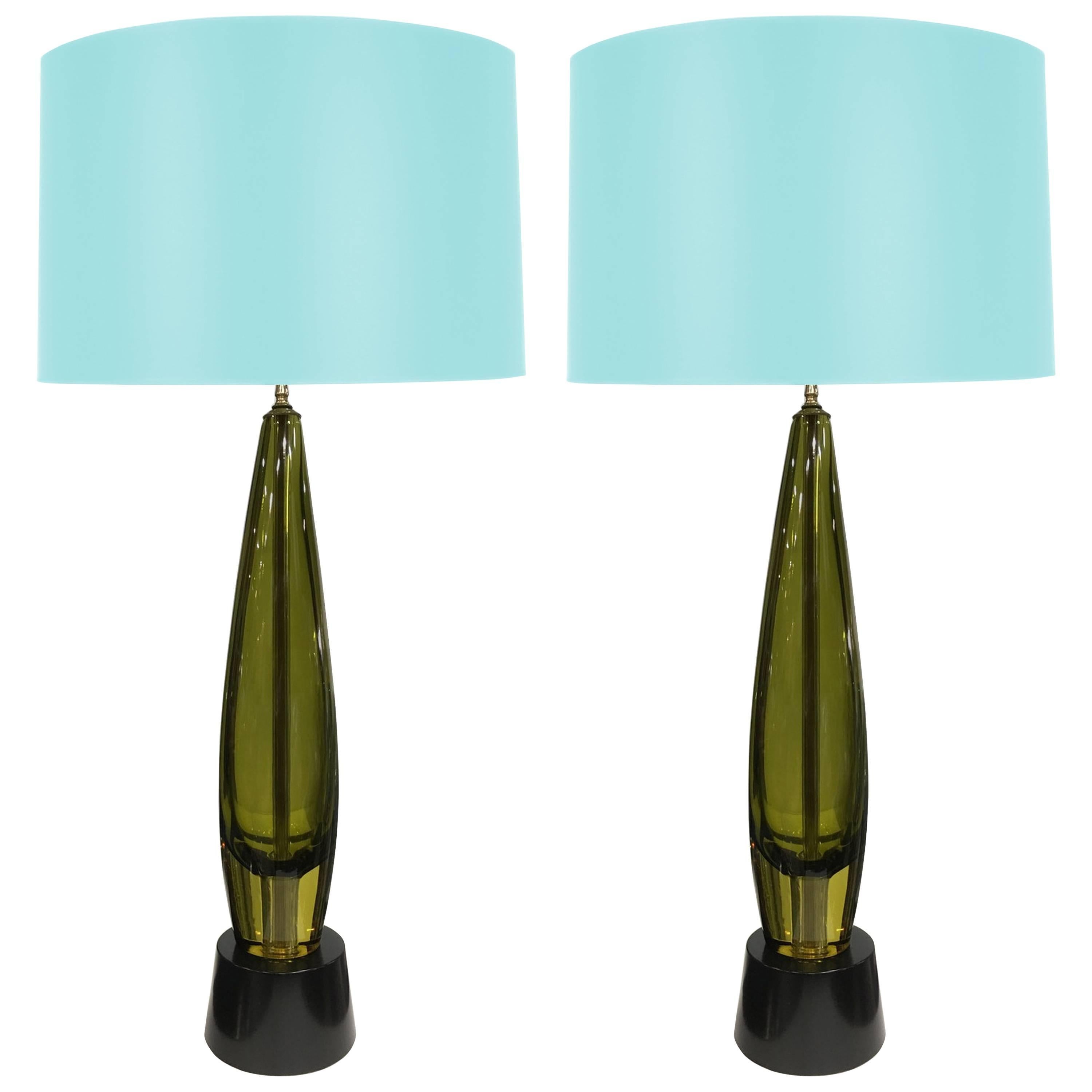 Monumental Pair of Olive Green Murano Lamps