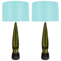 Monumental Pair of Olive Green Murano Lamps