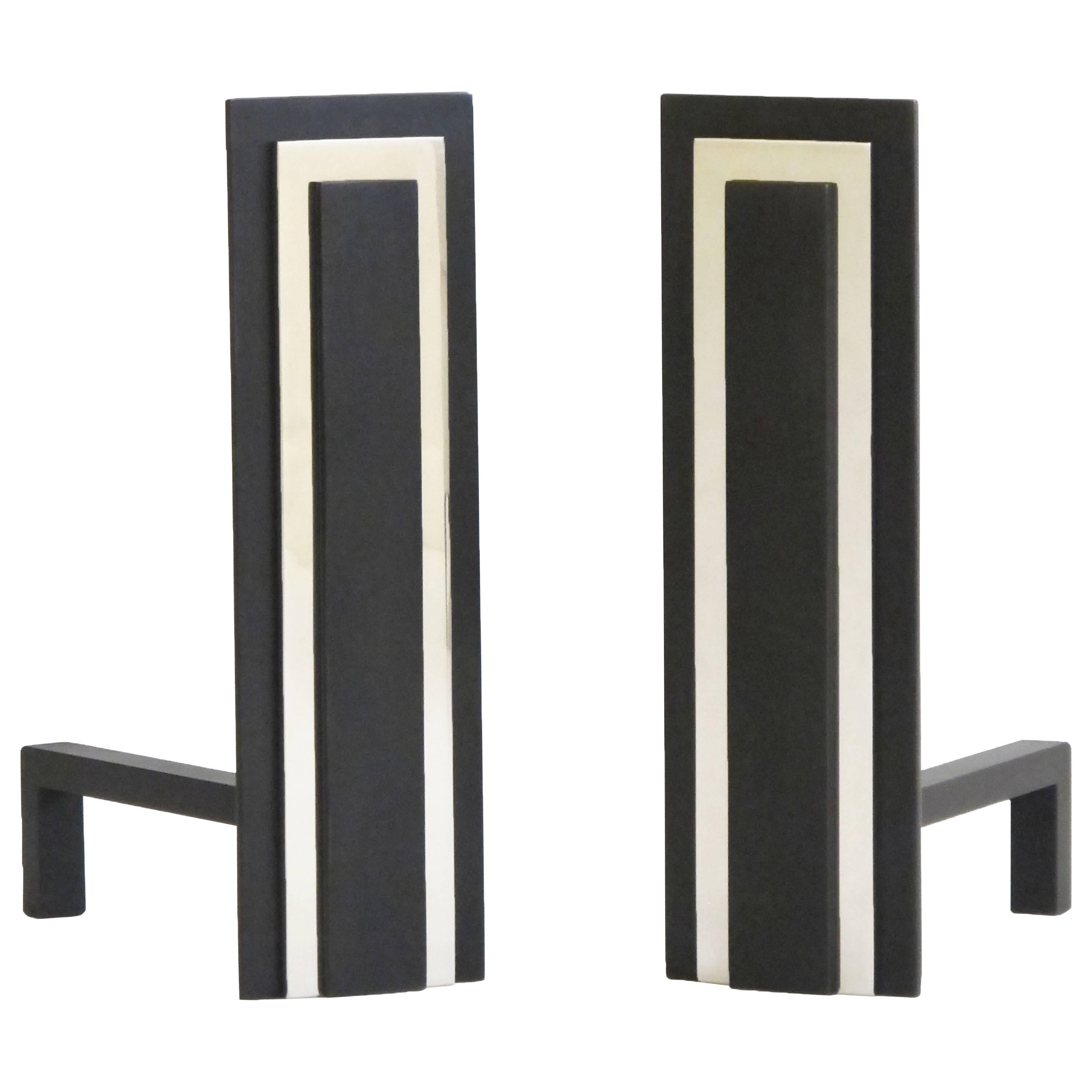 Modernist Stepped Andirons in Nickel and Matte Black USA 1970's