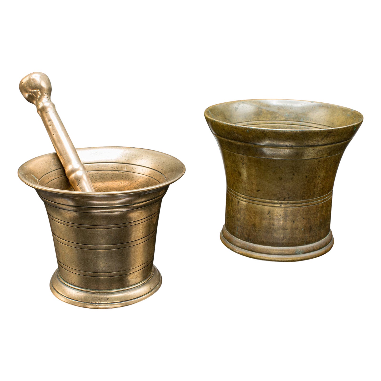 Dúo De Morteros Antiguos, Mortero, Inglés, Bronce, Ayuda De Boticario, Georgiano Temprano