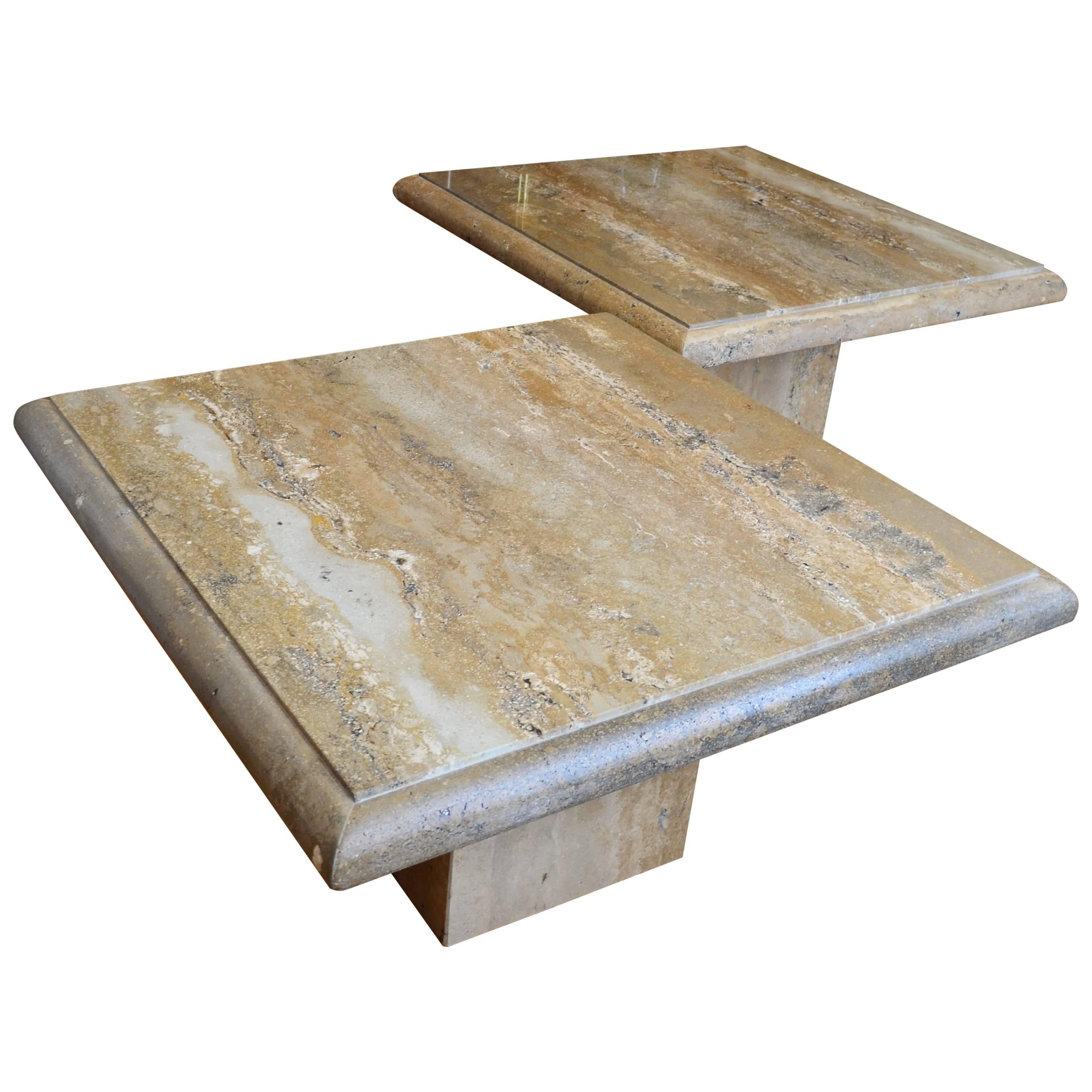 Travertine Pair of Large Square Coffee Tables