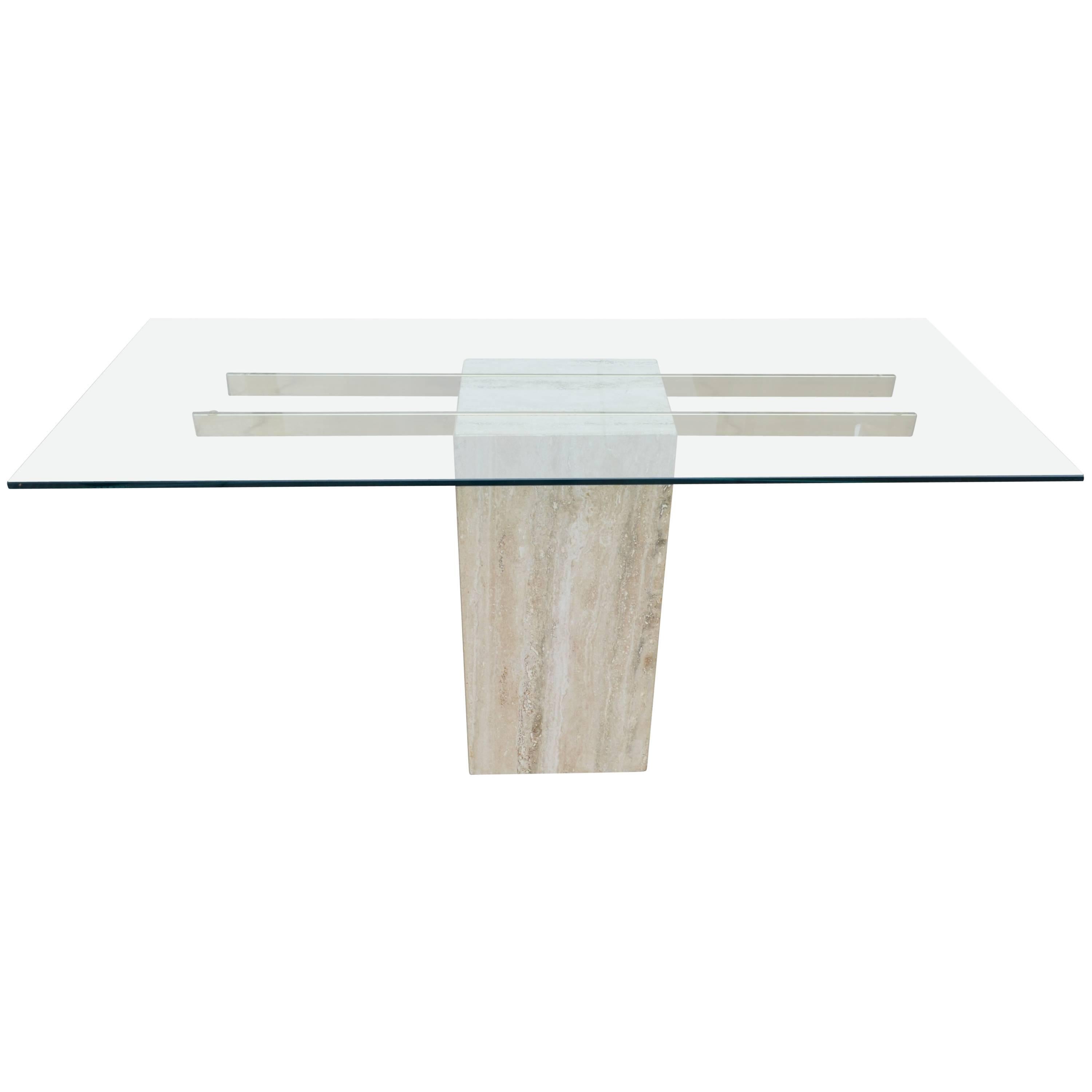 Travertine and Glass Pedestal Console Table
