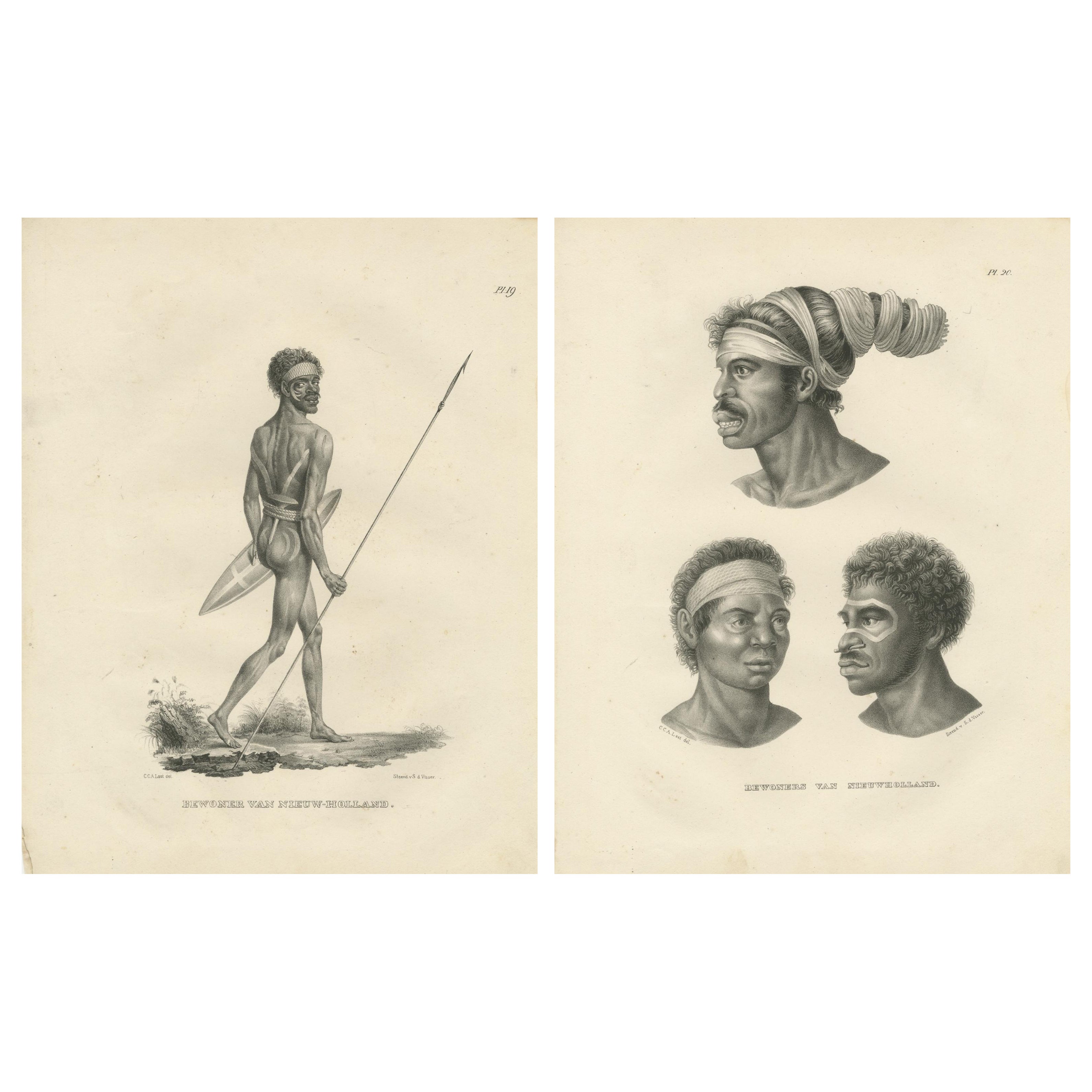 Noru Gal Derri & Australian Aborigines, Lithographs by Last, 1836, Nieuw-Holland
