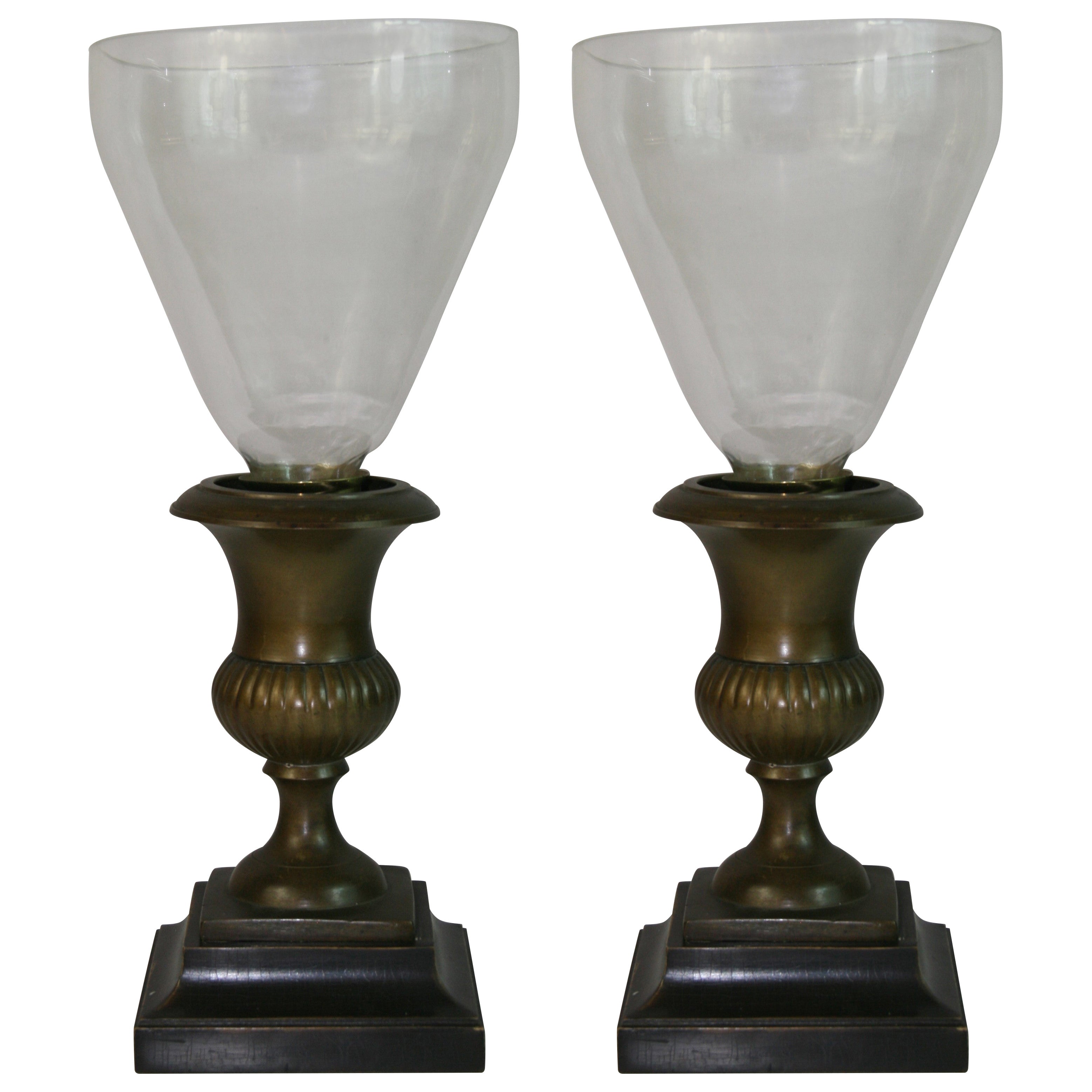 English Pair Brass  and Glass Hurricane Candle Lamps For Sale