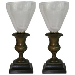 English Pair Brass  and Glass Hurricane Candle Lamps
