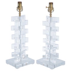 Pair of Springer Style Stacked Triangular Block Lamps of Lucite