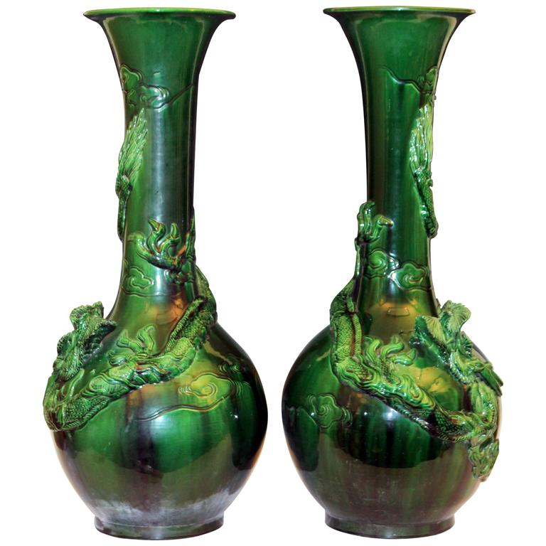 Large Matched Pair Antique Awaji Pottery Dragon Vases For Sale at 1stDibs